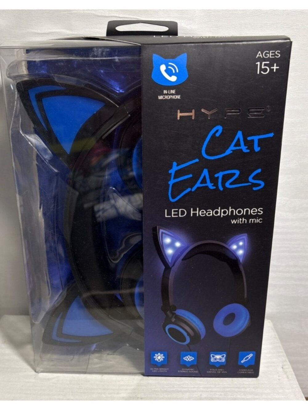 Hype Cat Ears LED Headphones With Mic InLine Microphone Adjustable Foldable Blue